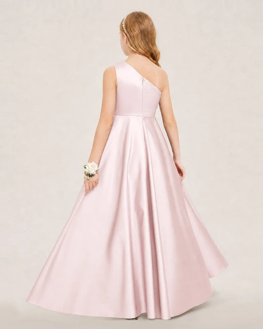 Blush Pink Satin A-line Junior Bridesmaid Dress Back View