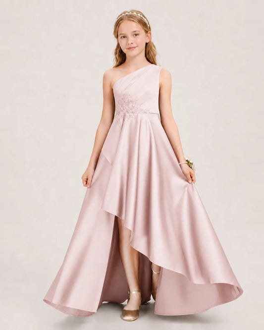 Blush Pink Satin A-line Junior Bridesmaid Dress Front View