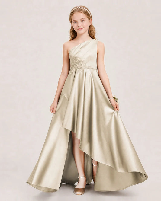 Champagne Satin A-line Junior Bridesmaid Dress Front View