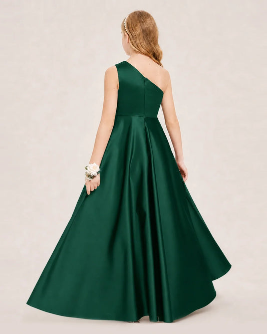 Dark Green Satin A-line Junior Bridesmaid Dress Back View