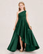 Dark Green Junior Bridesmaid Dress One-Shoulder Embellished Satin Asymmetrical Gown Front View