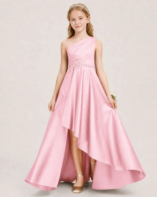 Pink Satin A-line Junior Bridesmaid Dress Front View