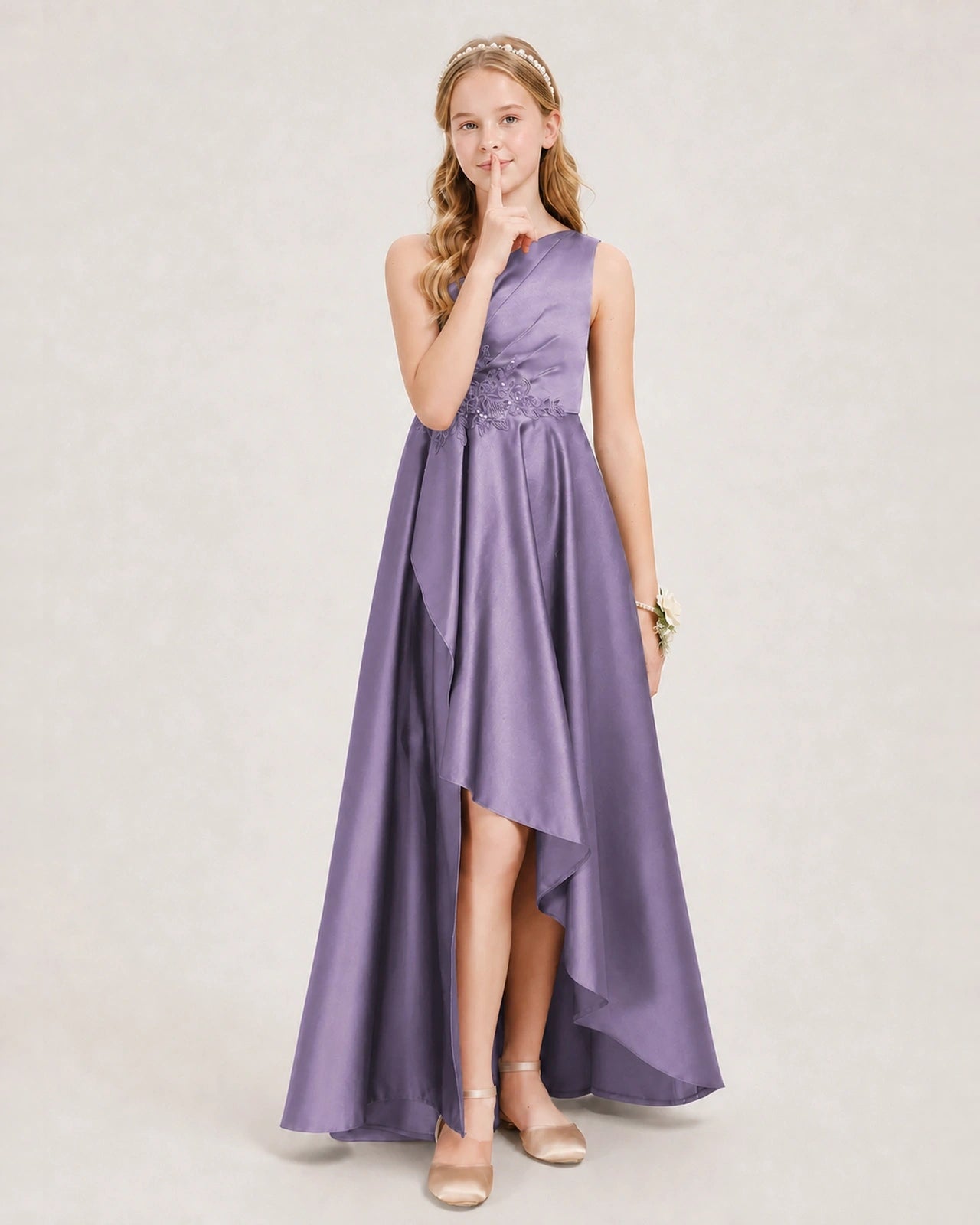 Wisteria Junior Bridesmaid Dress One-Shoulder Embellished Satin Asymmetrical Gown Front View