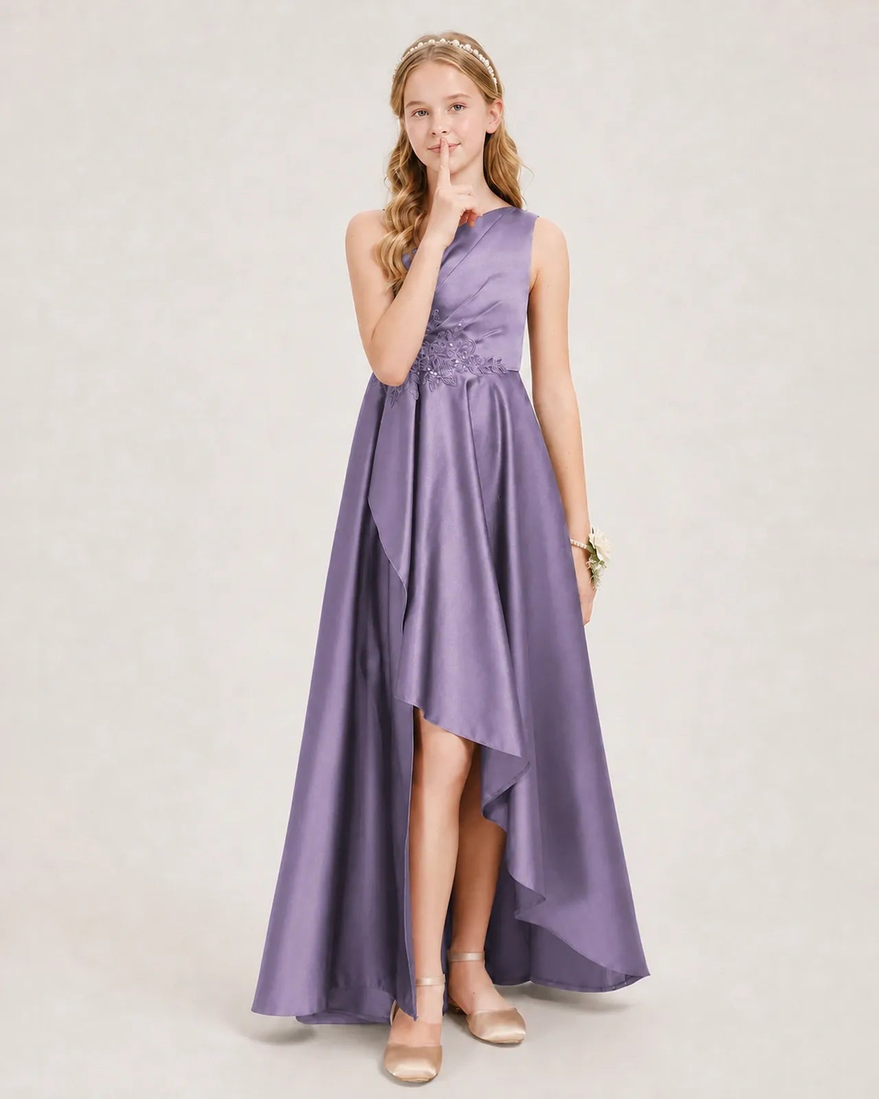 Wisteria Satin A-line Junior Bridesmaid Dress Front View