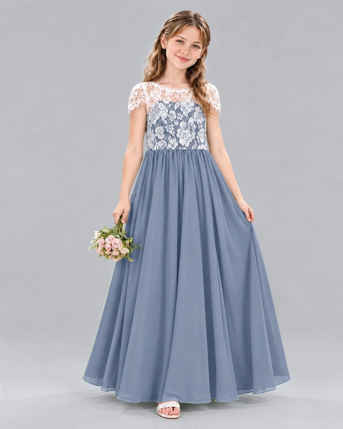 Dusty Blue A-line Junior Bridesmaid Dresses Front