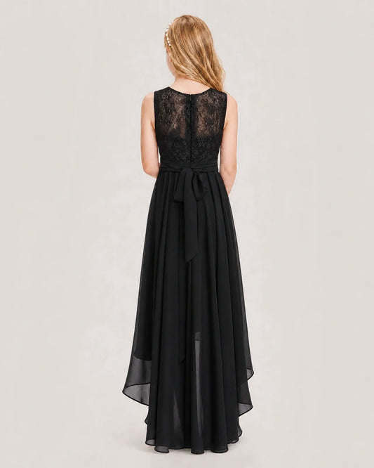 Black Junior Bridesmaid Dress Lace Bodice Asymmetrical Chiffon Floor-Length Gown Back View