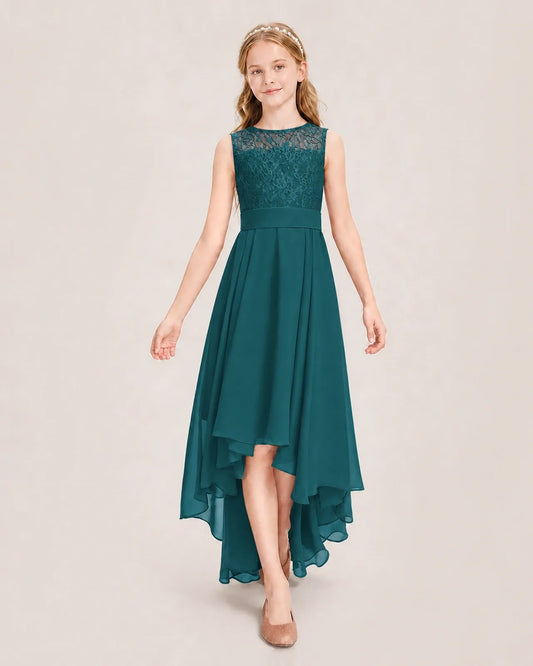 Peacock Chiffon High Low Junior Bridesmaid Dress Front View