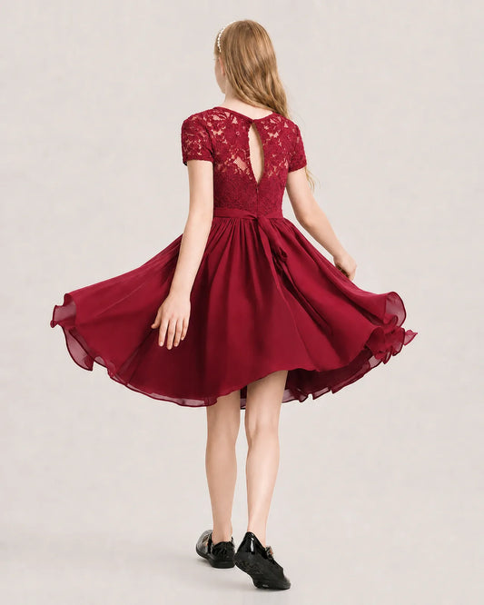 Burgundy Lace A-line Junior Bridesmaid Dress Back View