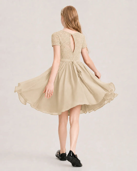 Champagne Chiffon A-line Junior Bridesmaid Dress Back View