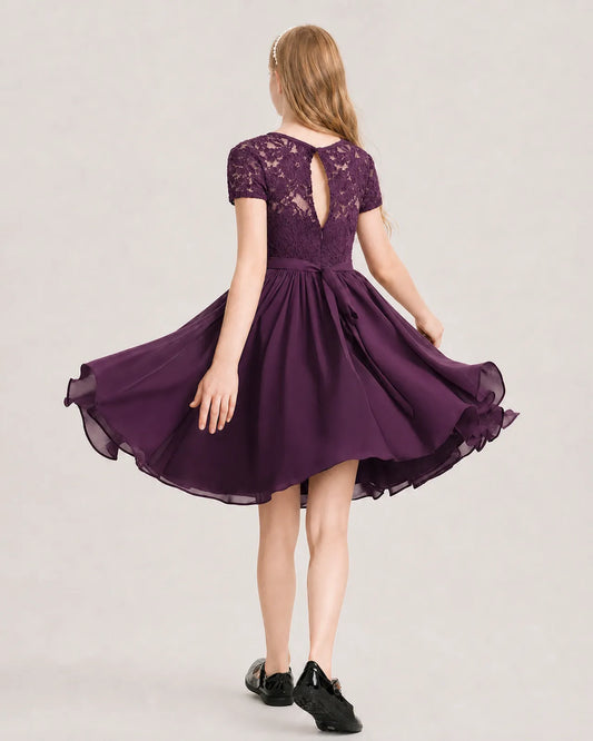 Grape Chiffon A-line Junior Bridesmaid Dress Back View