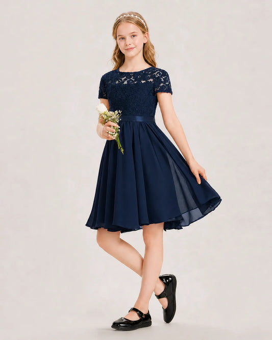 Navy Blue Chiffon A-line Junior Bridesmaid Dress Front View