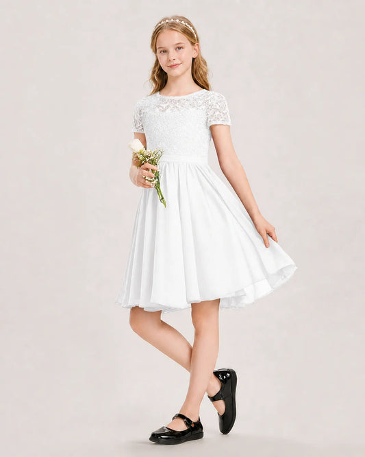 White Lace A-line Junior Bridesmaid Dress Front View