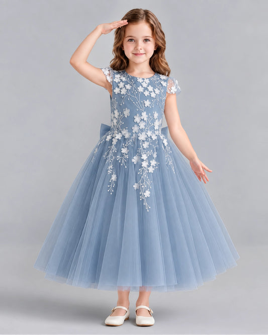 Dusty Blue Ball Gown Junior Bridesmaid Dresses Front