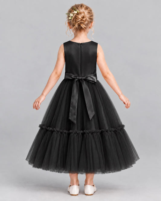 Black A-line Flower Girl Dresses Back
