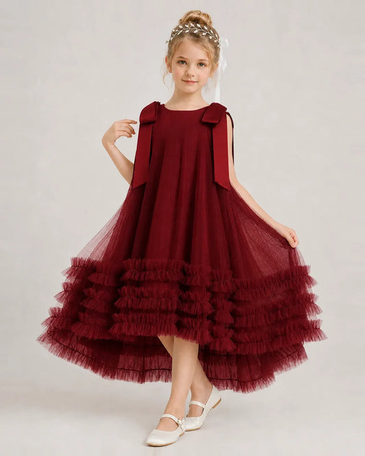 Burgundy Tulle A-line Girls Formal Dress Front View