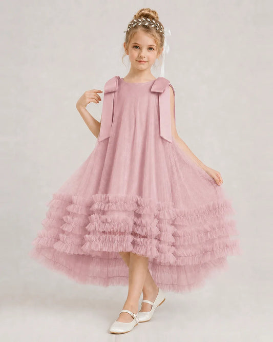 Dusty Rose Tulle A-line Girls Formal Dress Front View