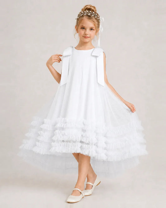 White Tulle A-line Girls Formal Dress Front View