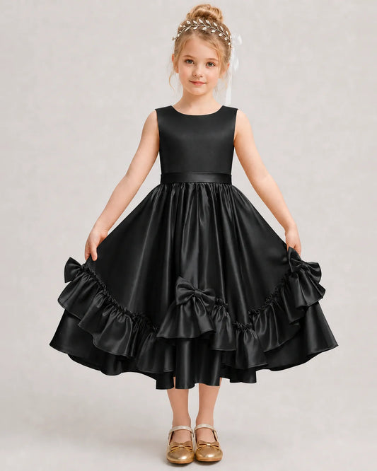 Black Satin A-line Girls Formal Dress Front View
