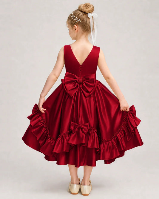 Burgundy Satin A-line Girls Formal Dress Back View