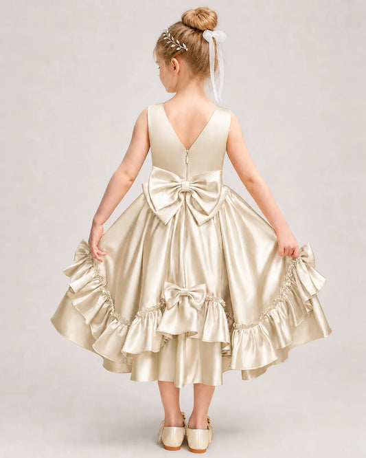 Champagne Satin A-line Girls Formal Dress Back View