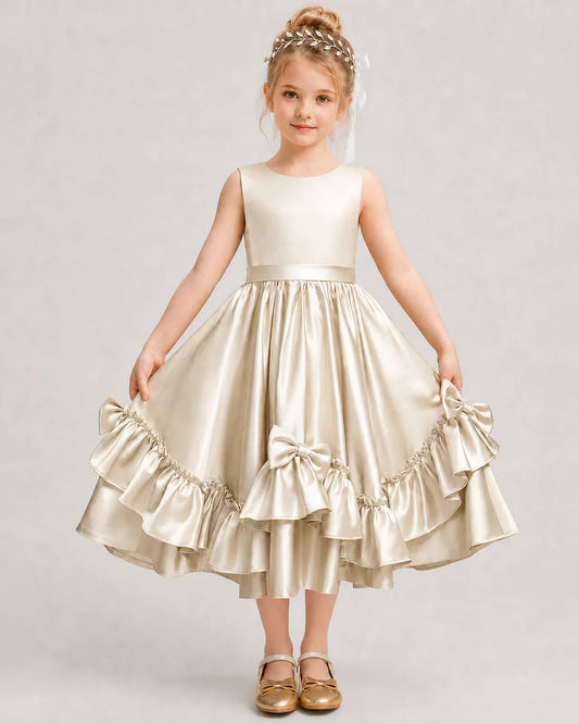 Champagne Satin A-line Girls Formal Dress Front View