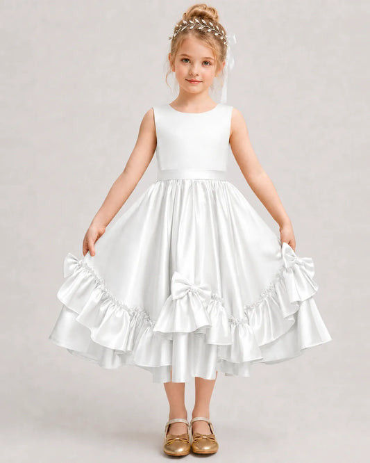 Ivory Satin A-line Girls Formal Dress Front View