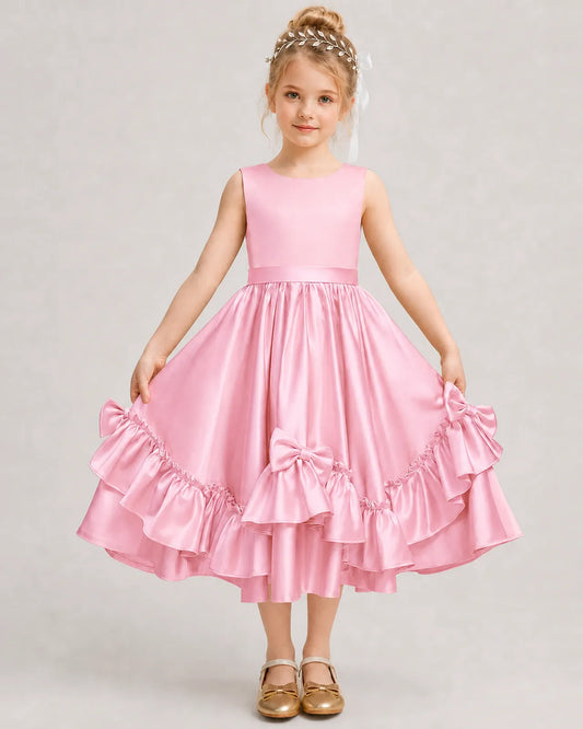 Pink Satin A-line Girls Formal Dress Front View