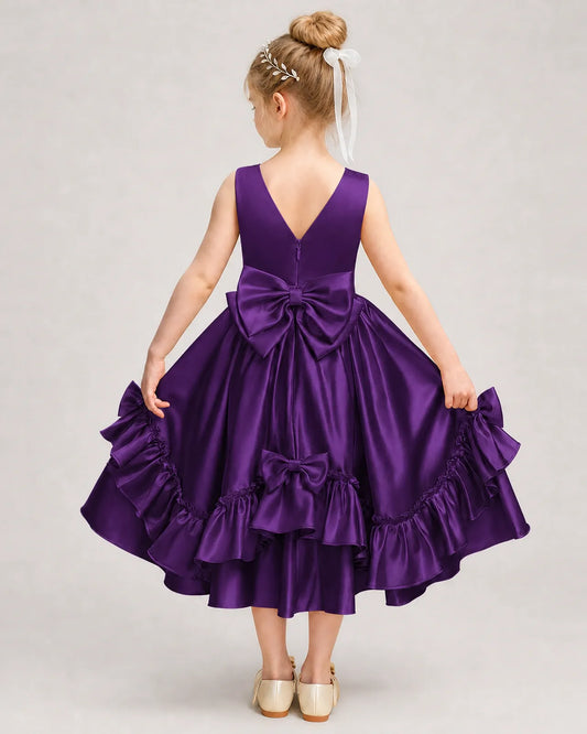 Purple Satin A-line Girls Formal Dress Back View