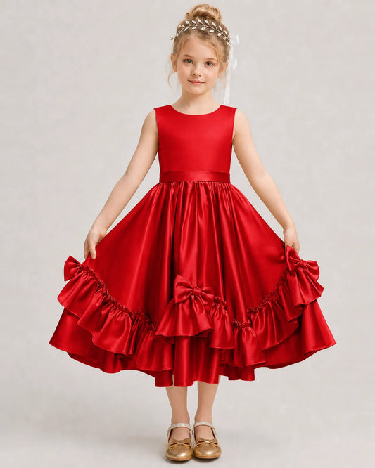 Red Satin A-line Girls Formal Dress Front View