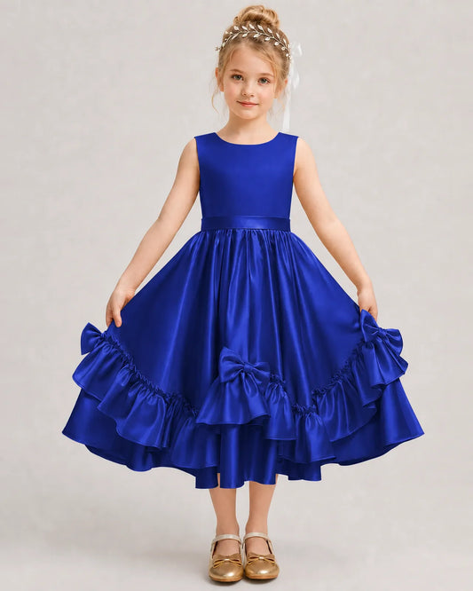 Royal Blue Satin A-line Girls Formal Dress Front View