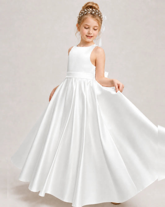 Ivory Satin A-line Girls Formal Dress Front View