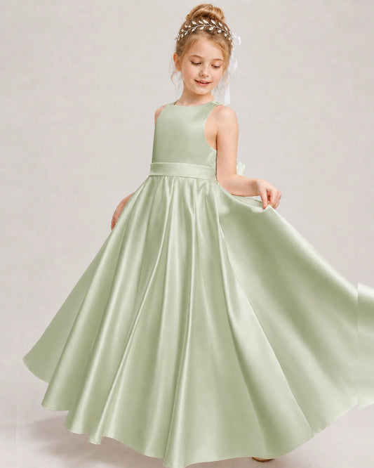 Sage Green Satin A-line Girls Formal Dress Front View