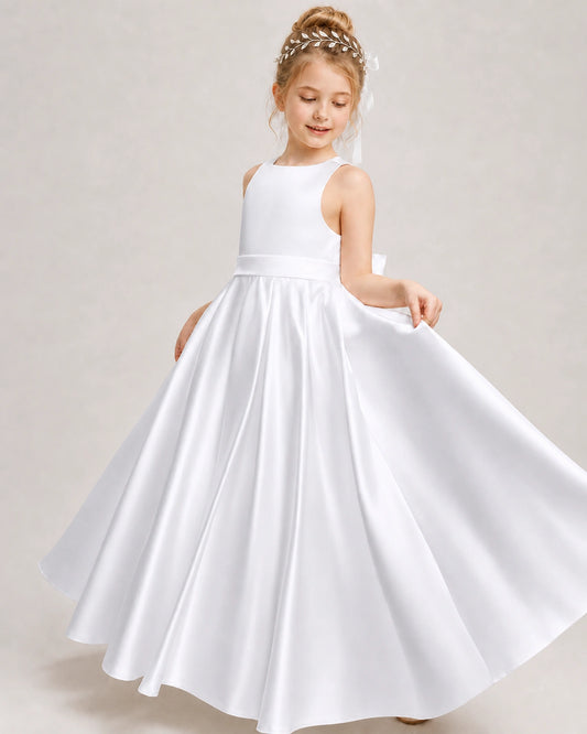 White Satin A-line Girls Formal Dress Front View
