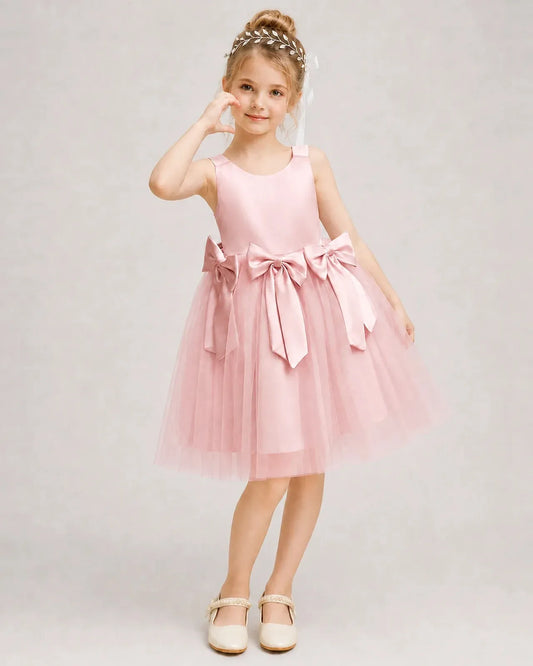 Pink Satin Tulle A-line Girls Formal Dress Front View