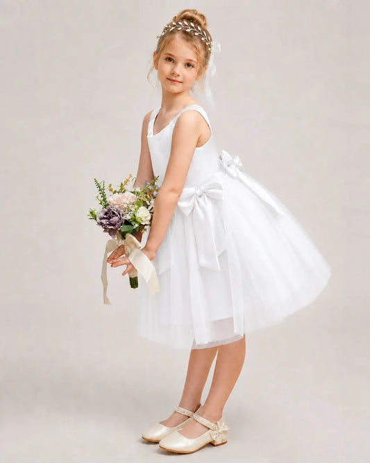 White Satin Tulle A-line Girls Formal Dress Side View