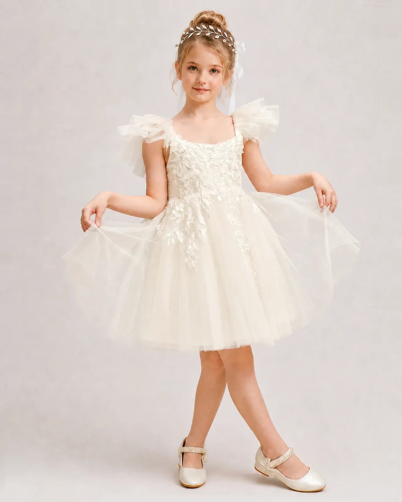 Champagne Tulle A-line Flower Girl Dress Front View