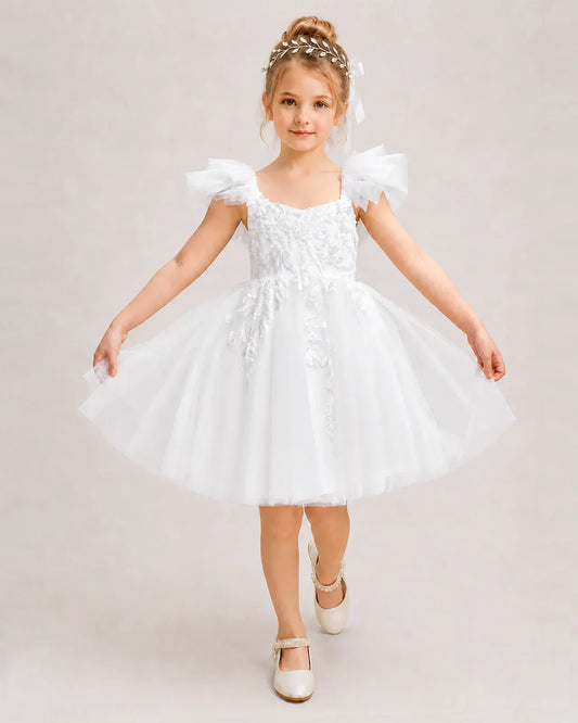 White Tulle A-line Flower Girl Dress Front View