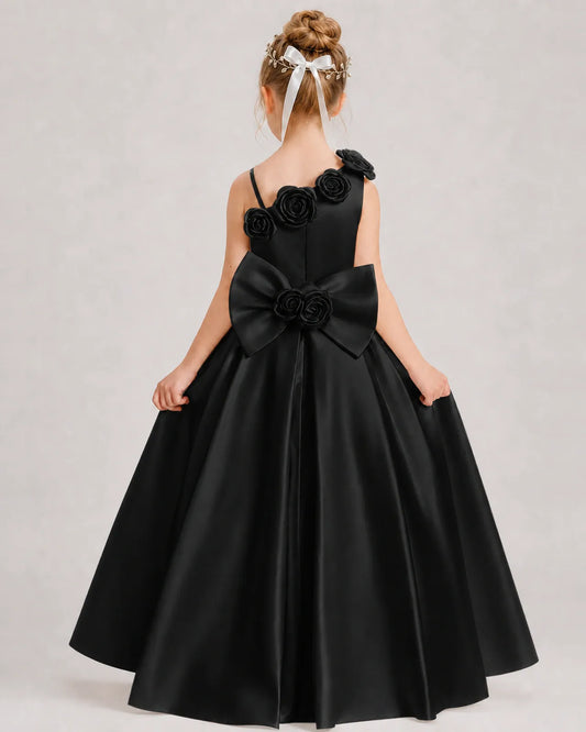Black Satin A-line Girls Formal Dress Back View