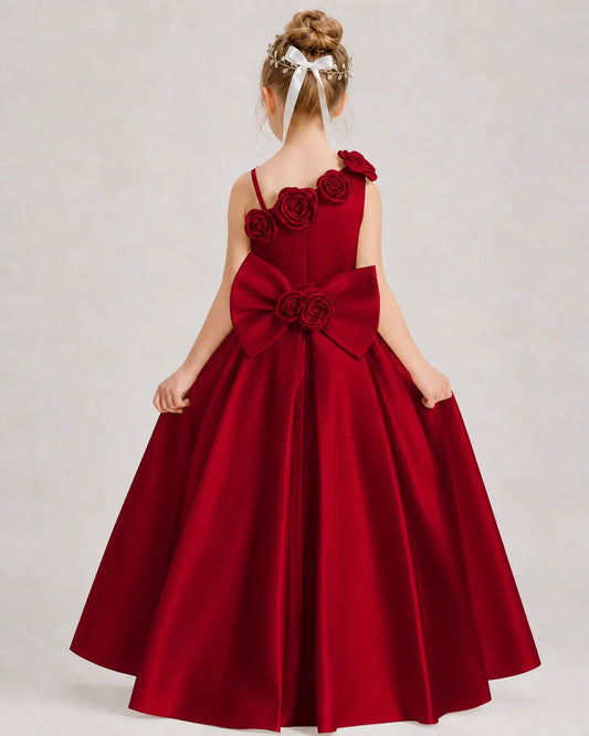 Burgundy Satin A-line Girls Formal Dress Back View