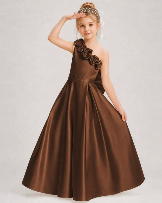 Chocolate Satin A-line Girls Formal Dress Front View