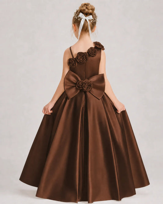 Chocolate Satin A-line Girls Formal Dress Back View