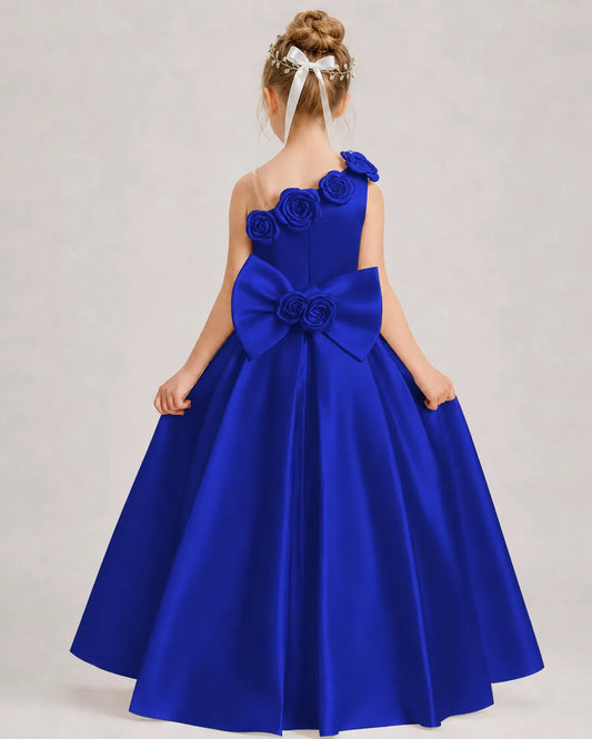 Royal Blue Satin A-line Girls Formal Dress Back View