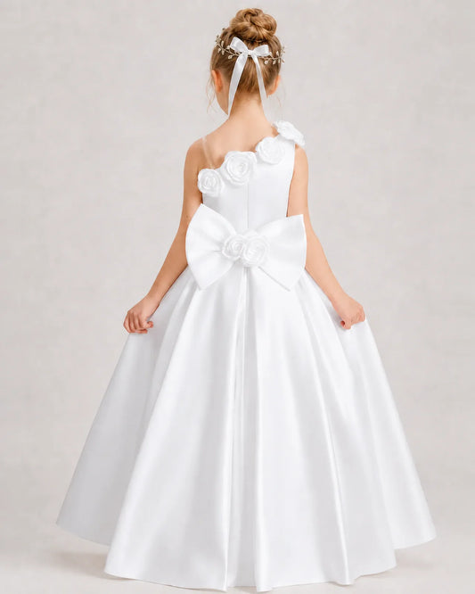 White Satin A-line Girls Formal Dress Back View