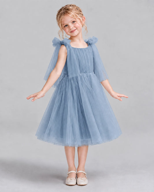 Dusty Blue A-line Flower Girl Dresses Side