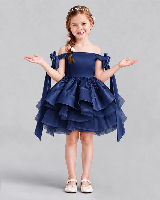 Navy Blue A-line Girls Formal Dresses Back