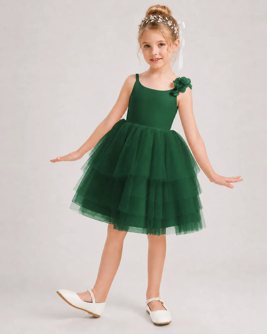 Dark Green Tulle A-line Girls Formal Dress Front View