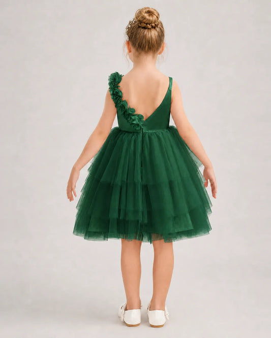 Dark Green Tulle A-line Girls Formal Dress Back View