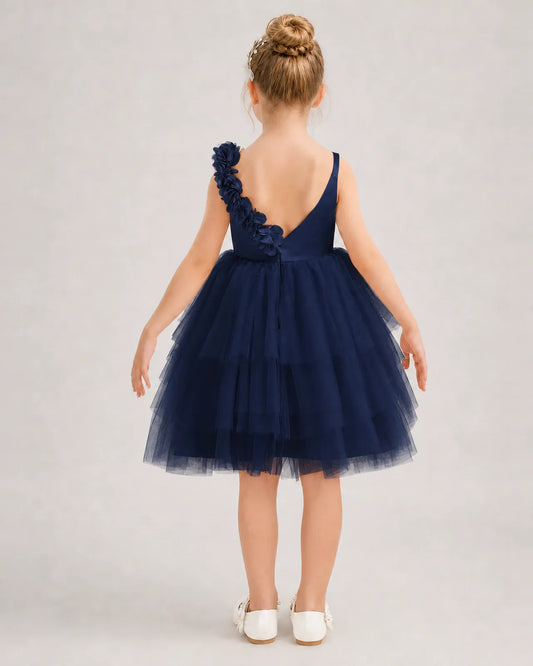 Navy Blue Tulle A-line Girls Formal Dress Back View