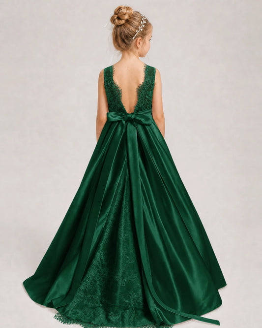 Dark Green A-line Girls Formal Dresses Back