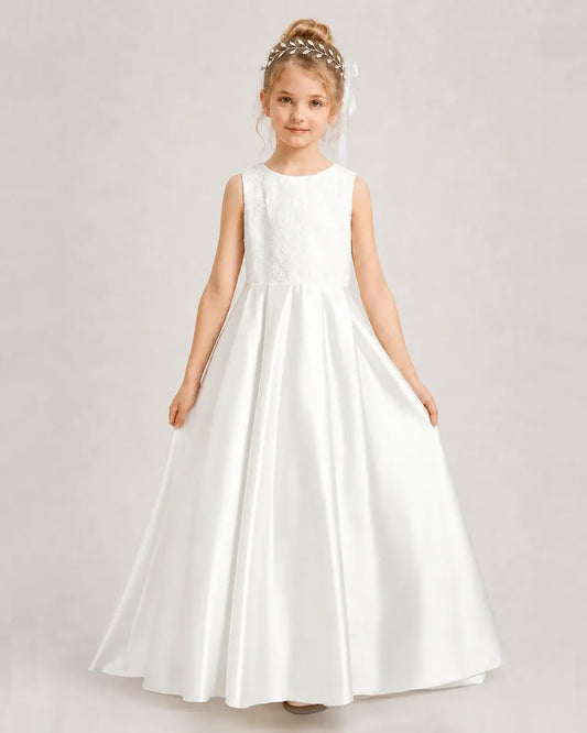 Ivory Satin A-line First Communion Dress Front View